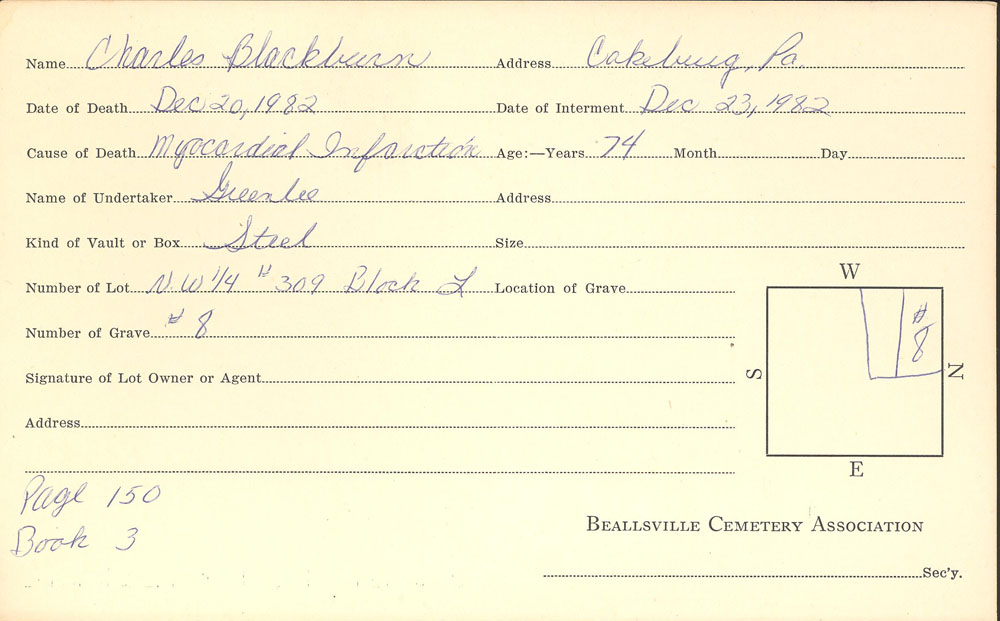 Charles Crosslan Blackburn Sr. burial card